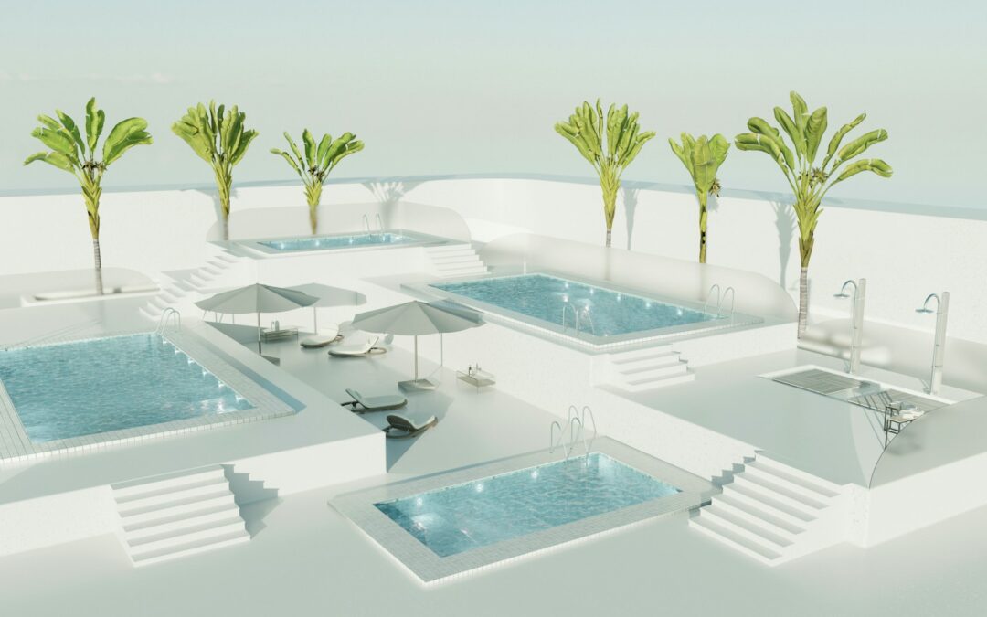 A rendering of a swimming pool with palm trees